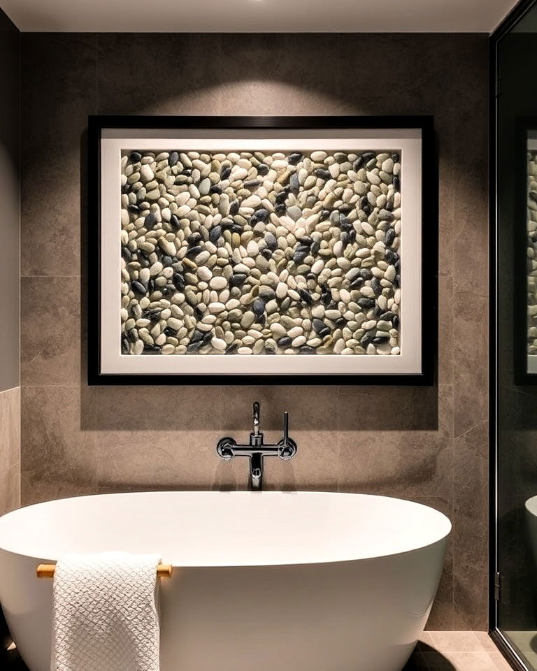 nature inspired pebble tile wall art installation - 20 Pebble Tile Bathroom Ideas