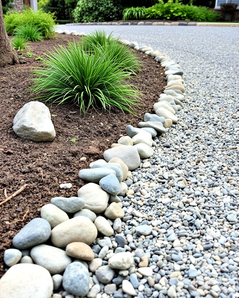 nature inspired river rock edging - 25 Gravel Driveway Edging Ideas