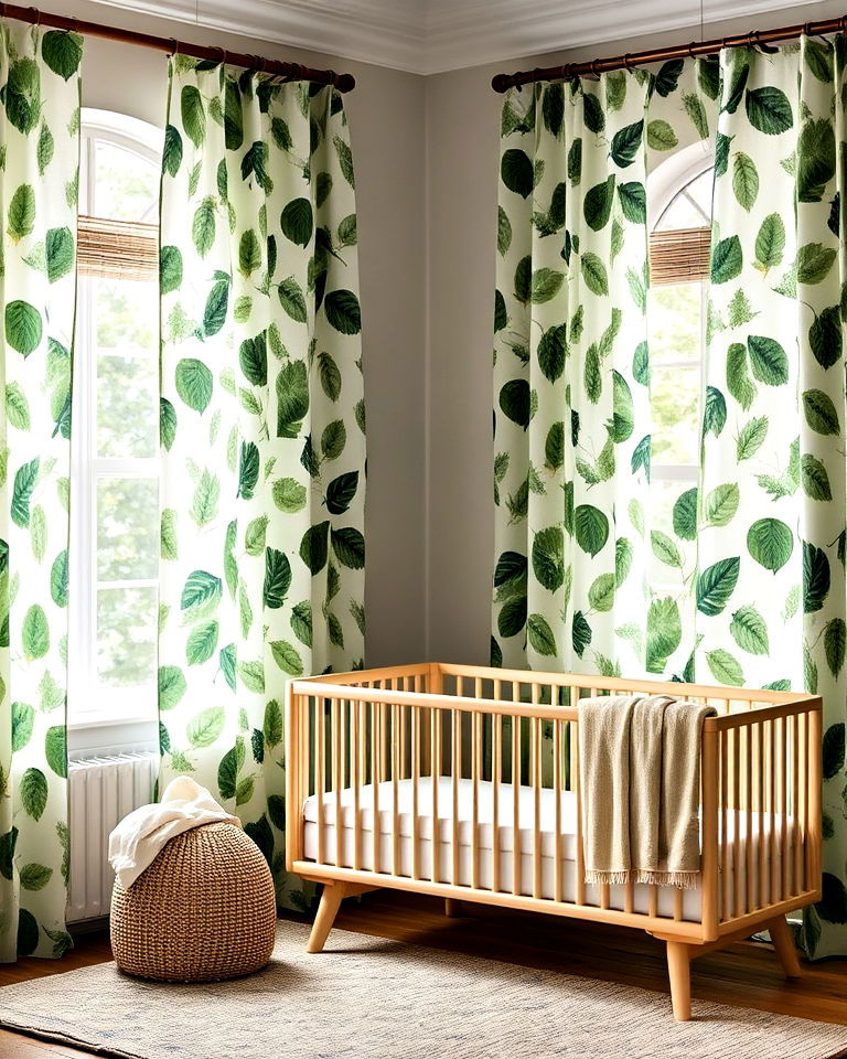 nature themed nursery with leaf print curtains - 20 Nature Themed Nursery Ideas