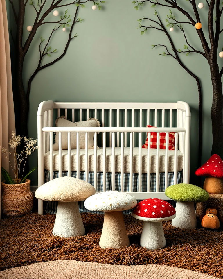 nature themed nursery with mushroom stools - 20 Nature Themed Nursery Ideas