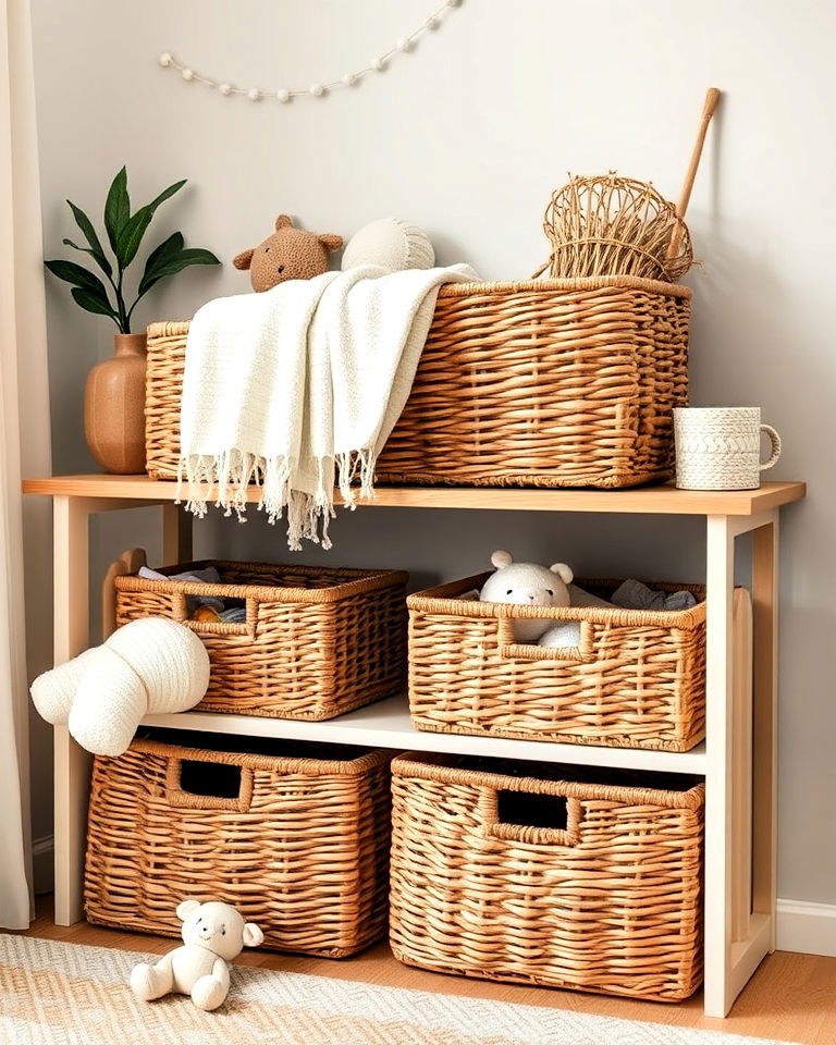 nature themed nursery with woven storage baskets - 20 Nature Themed Nursery Ideas