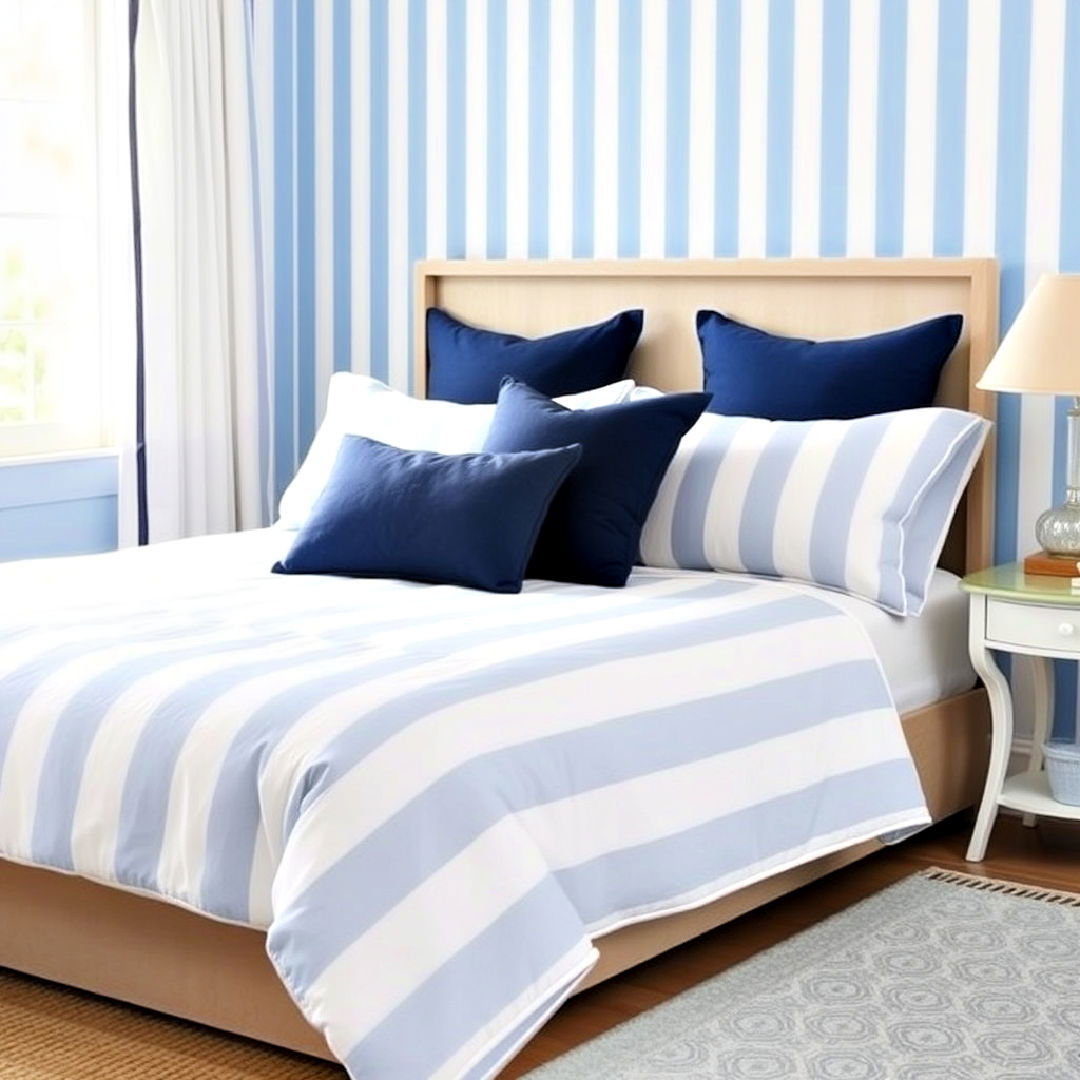nautical inspired sky blue and white stripes - 40 Blue Bedroom Ideas