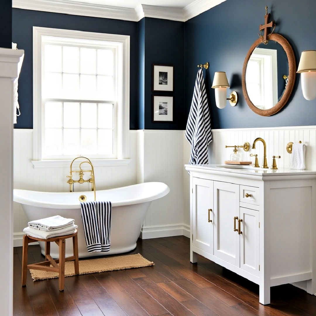 nautical themed bathroom - 25 Dark Wood Floor Bathroom Ideas