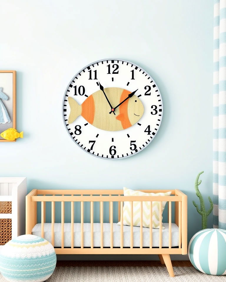 nautical themed nursery with fish themed wall clock - 25 Nautical Nursery Ideas