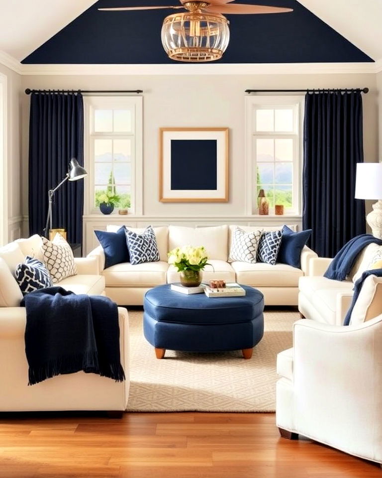 navy accents and cream furniture - 25 Navy and Cream Living Room Ideas