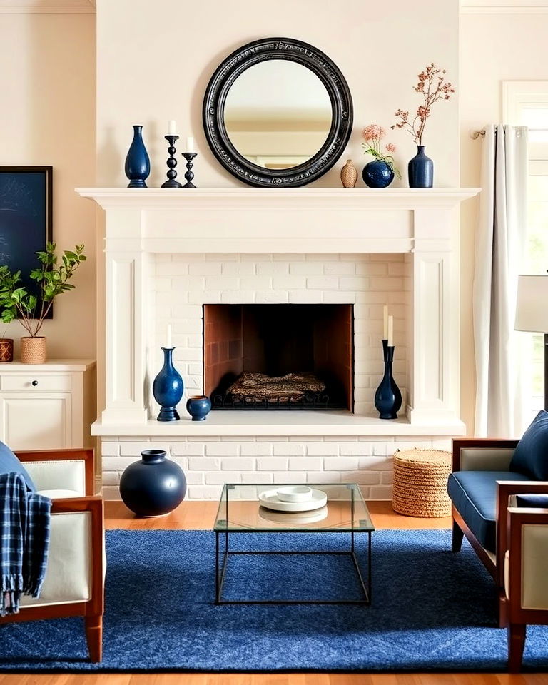navy accessories and cream fireplace - 25 Navy and Cream Living Room Ideas