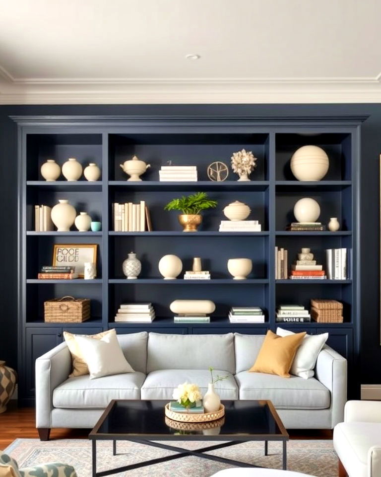 navy and cream bookshelves for living room - 25 Navy and Cream Living Room Ideas