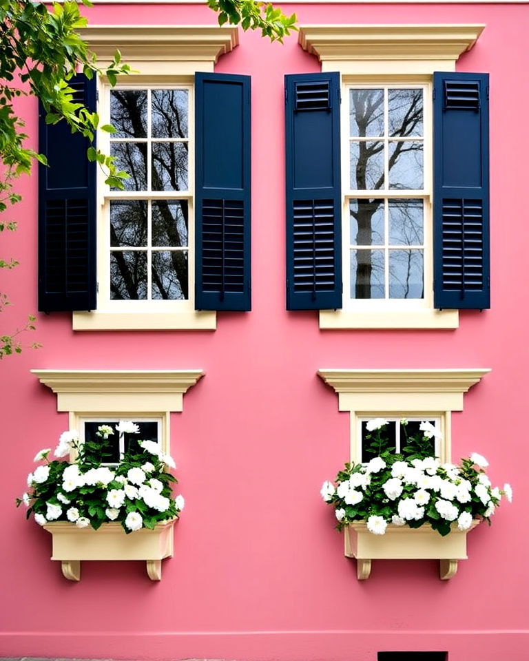 navy and cream details for rose pink victorian house - 25 Pink Victorian House Ideas