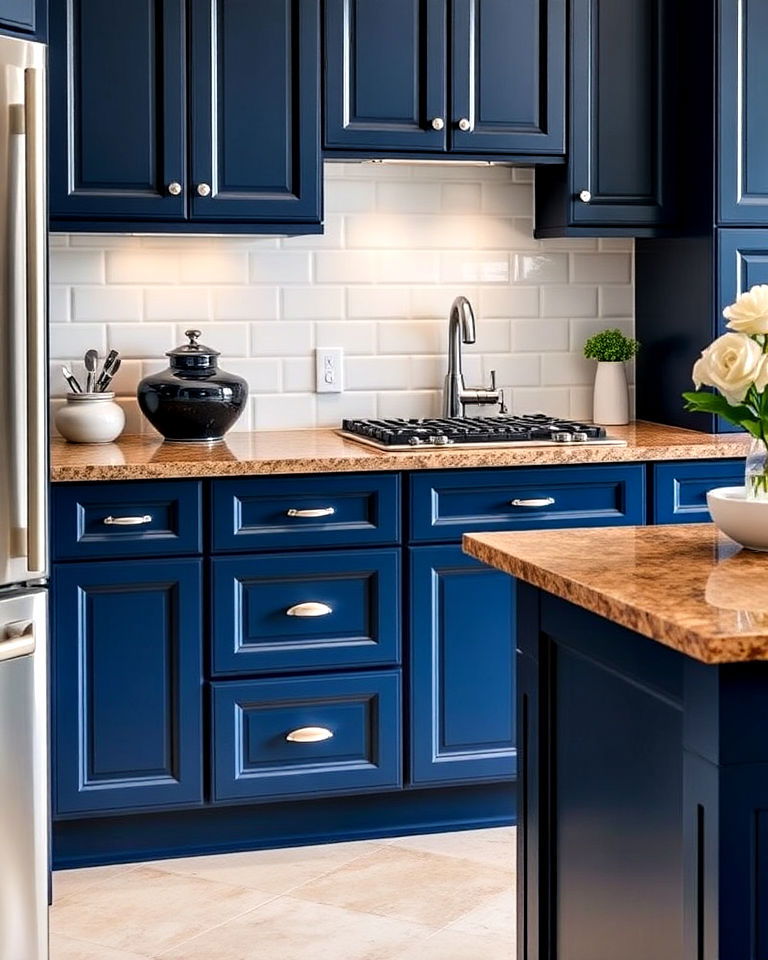 navy and white contrast with brown granite countertops - 20 Blue Kitchen Cabinets With Brown Granite Countertops