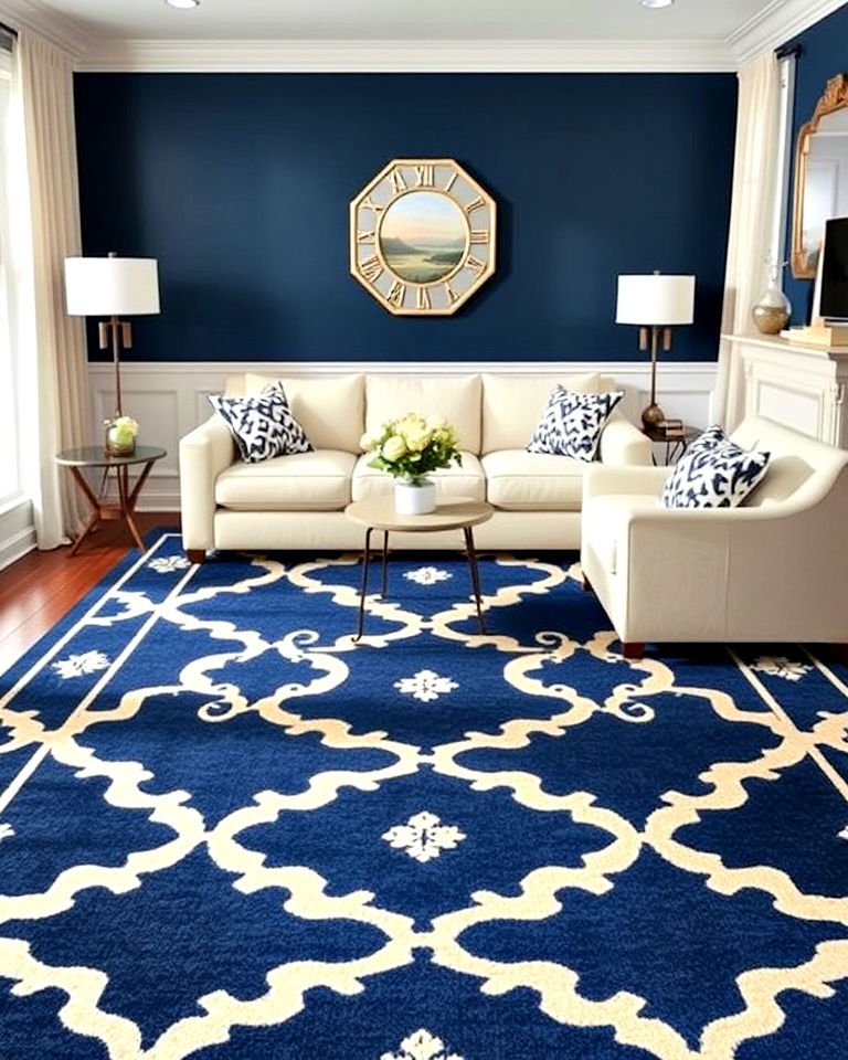 navy area rug with cream details for living room - 25 Navy and Cream Living Room Ideas