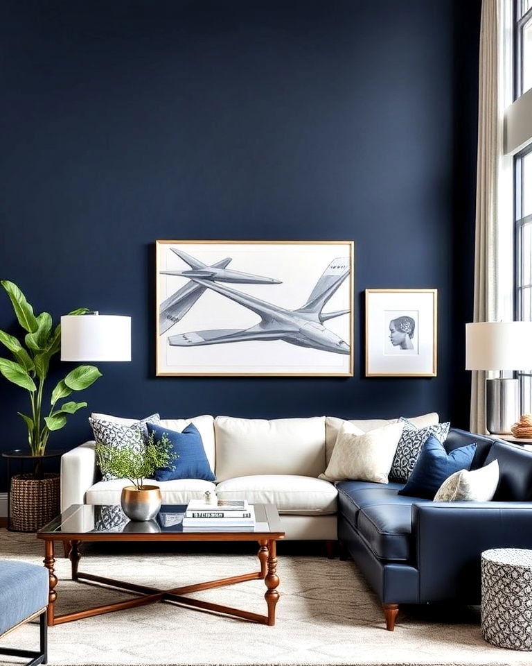 navy blue accent wall for living room - 25 Navy Blue Living Room Ideas