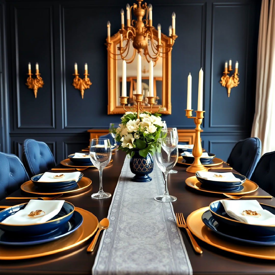 navy blue and gold dining table setting - 40 Blue Dining Room Ideas