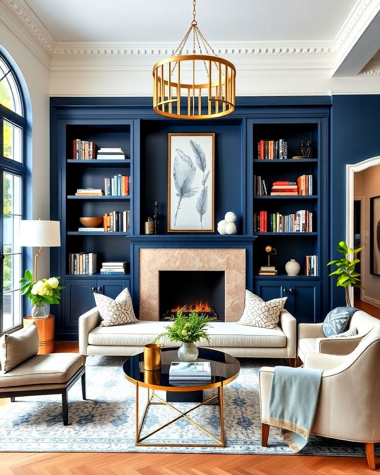 navy blue bookshelves for living room - 25 Navy Blue Living Room Ideas