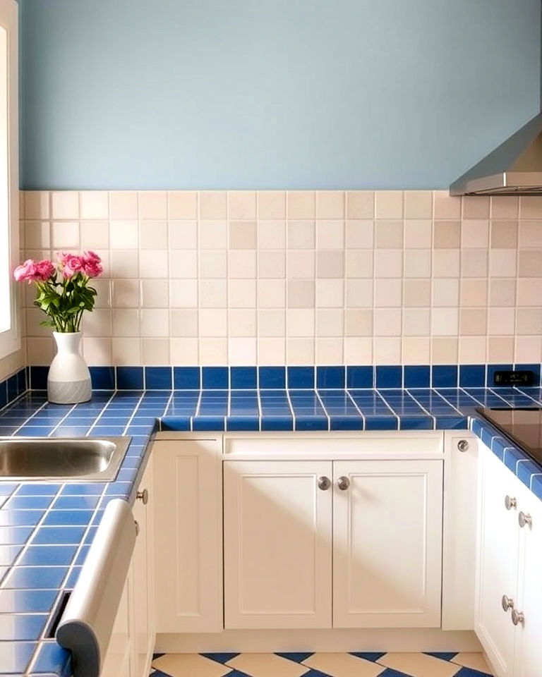 navy blue ceramic tile countertops with white grout - 20 Kitchens With Blue Countertops