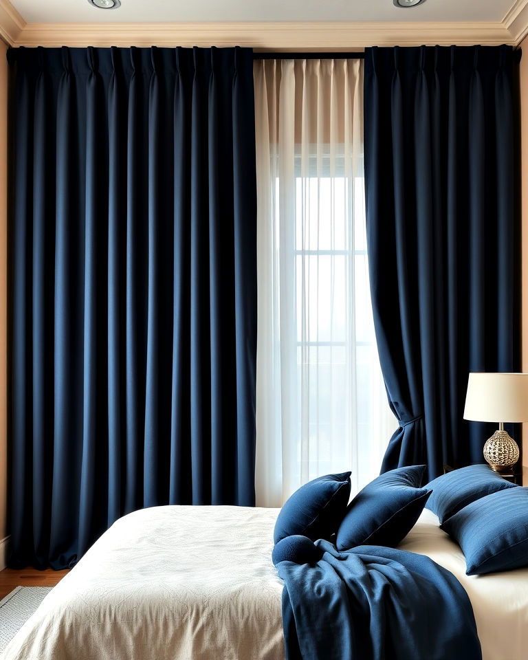 navy blue curtains against beige bedroom walls - 15 Blue and Beige Bedroom Ideas