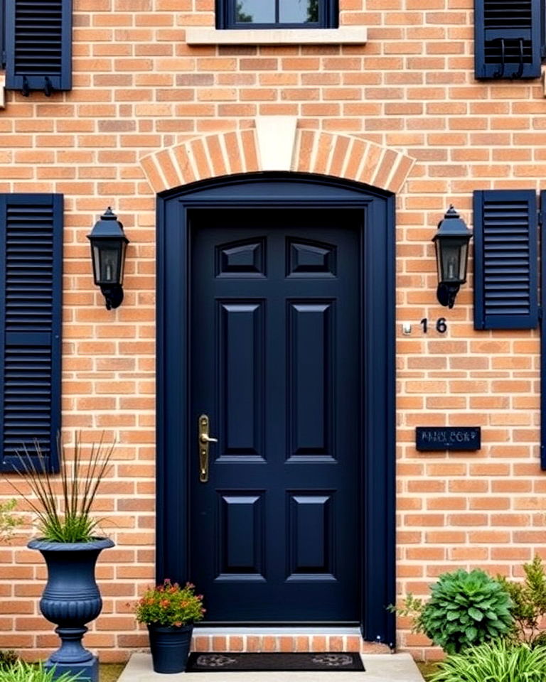 navy blue details on tan brick house - 25 Tan Brick House Color Schemes