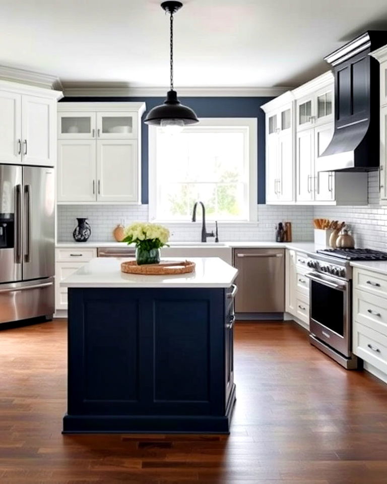 navy blue island and white cabinets with black accents - 30 White Kitchen Cabinets With Blue Island