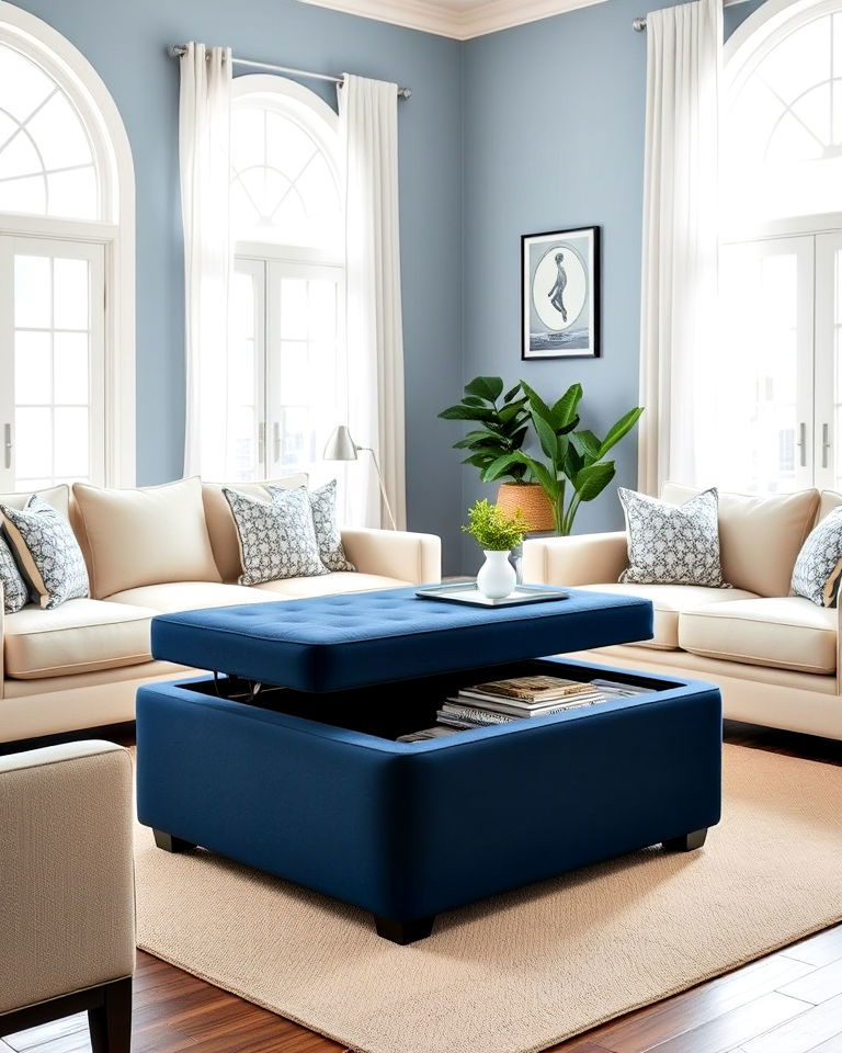 navy blue ottoman for living room - 25 Navy Blue Living Room Ideas