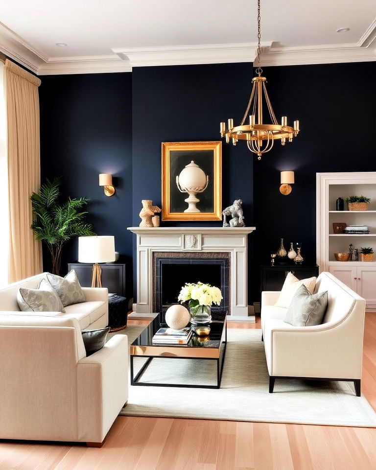 navy blue statement wall - 20 Blue and Beige Living Room Ideas