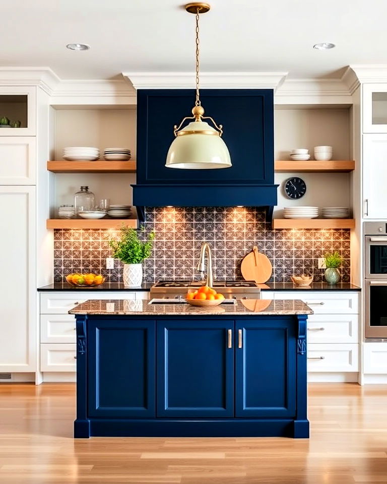 navy island with open shelving ideas - 30 White Kitchen Cabinets With Blue Island