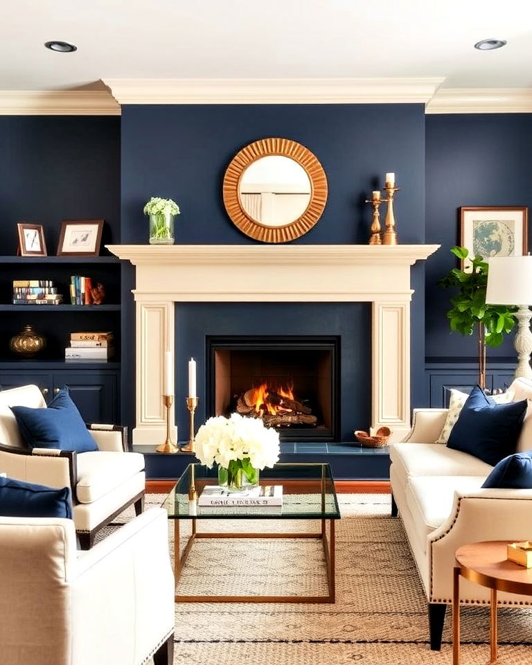 navy painted fireplace with cream mantel - 25 Navy and Cream Living Room Ideas