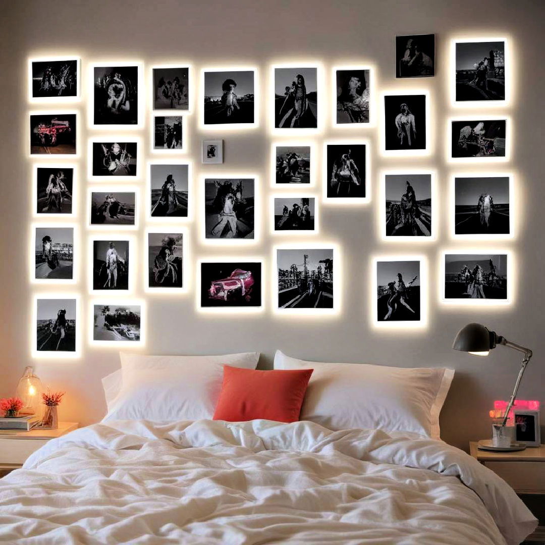 neon bedroom with photo wall - 30 Neon Bedroom Ideas