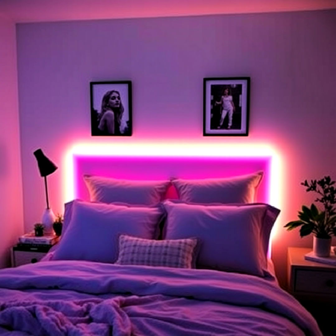 neon lit accent headboard - 30 Neon Bedroom Ideas