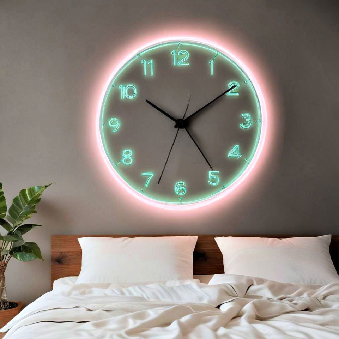 neon wall clock for neon bedroom - 30 Neon Bedroom Ideas