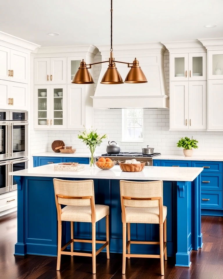 neutral cabinets and peacock blue island - 30 Blue Farmhouse Kitchen Cabinets