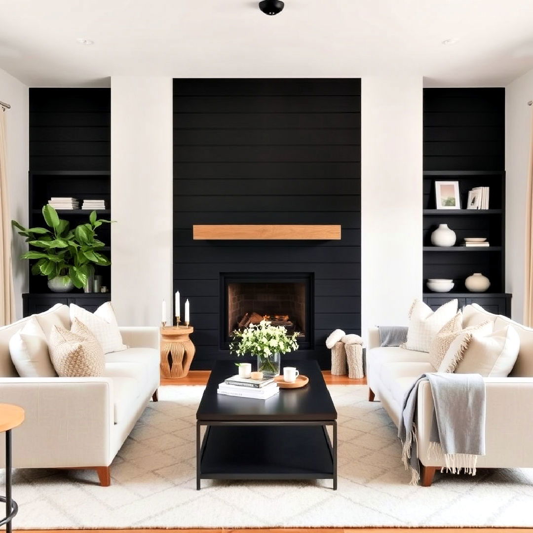 neutral decor for black shiplap fireplace - 40 Black Shiplap Fireplace Ideas
