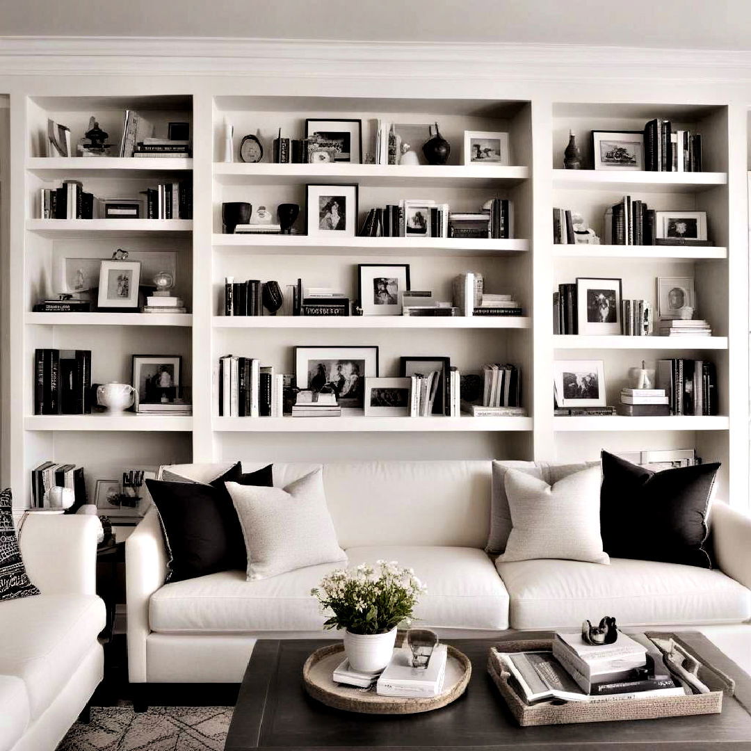 neutral living room with monochrome books - 40 Neutral Living Room Ideas