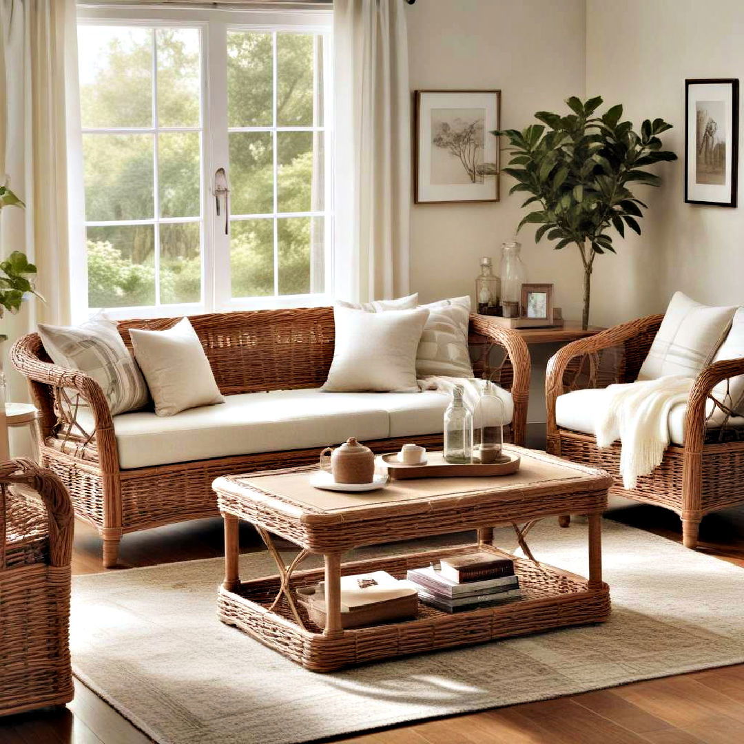 neutral living room with wicker furniture - 40 Neutral Living Room Ideas