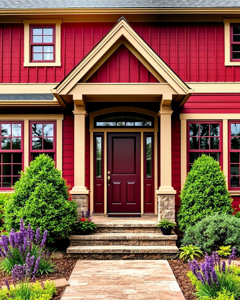 neutral trim and plum red house exterior - 20 Dark Red House Exterior Ideas