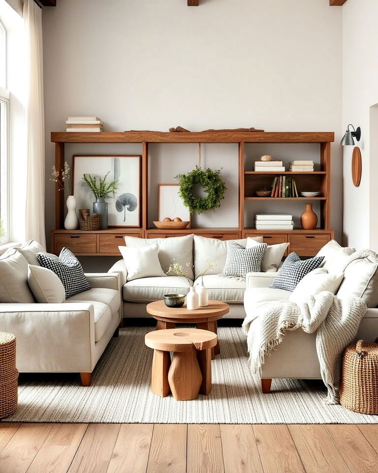 neutral upholstered furniture design - 30 Rustic Scandinavian Living Room Ideas