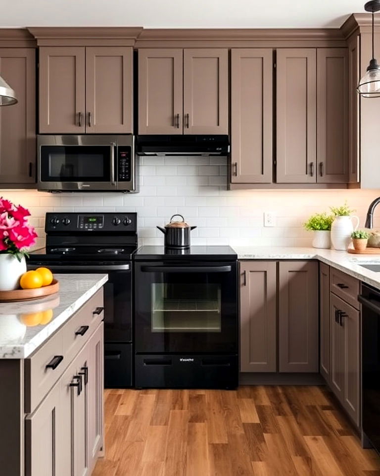 neutral vibe taupe cabinets - 20 What Color Cabinets Go With Black Appliances