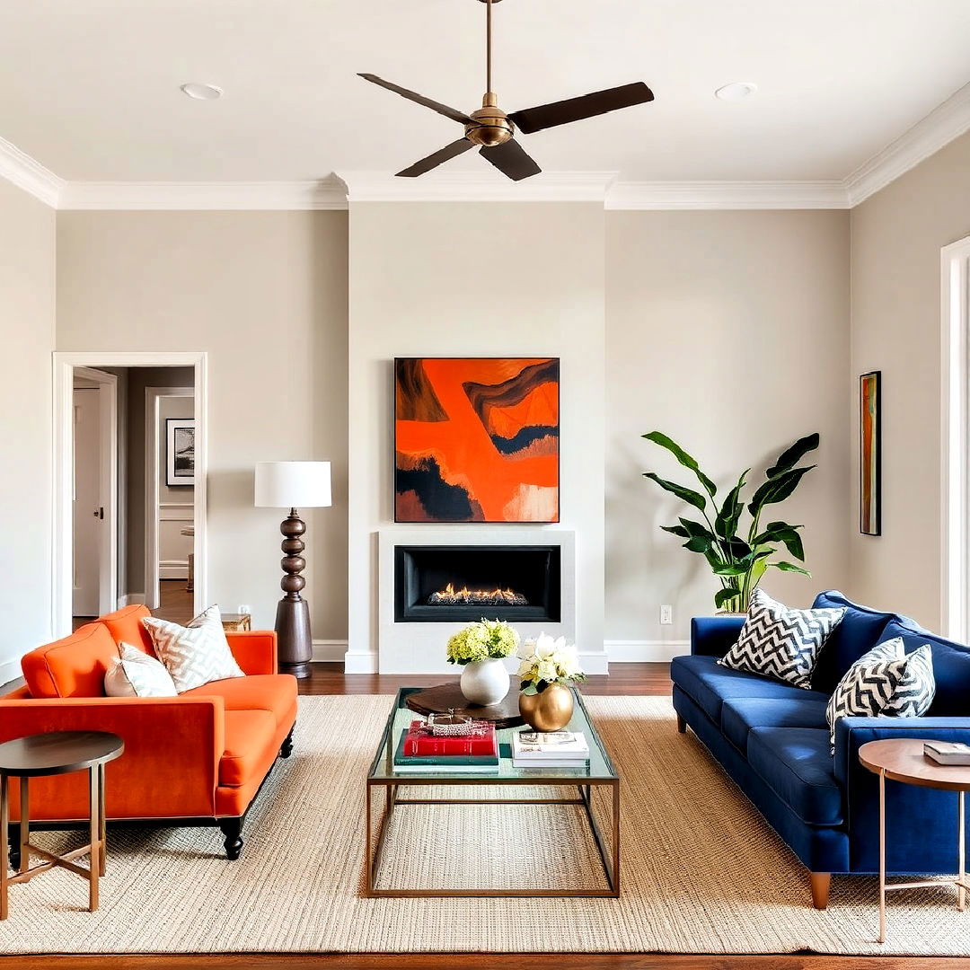 neutral walls with bold furniture - 40 Transitional Living Room Ideas