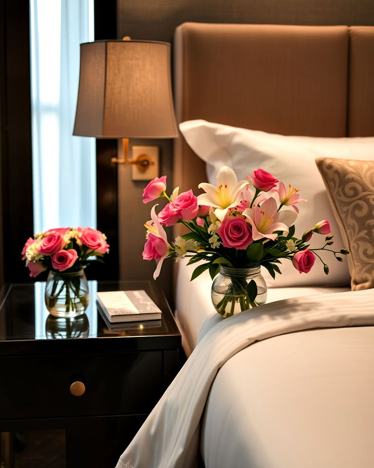 nightstand with fresh flower centerpiece - 30 Romantic Hotel Room Ideas