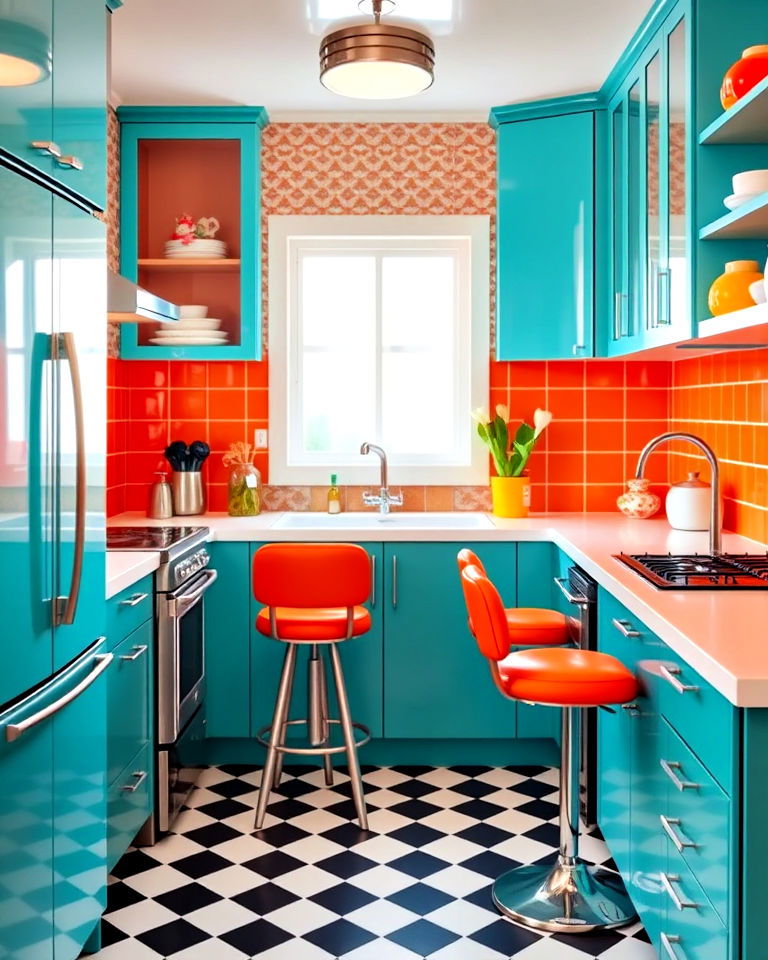 nostalgic retro teal and orange kitchen - 20 Teal and Orange Color Scheme for Your Rooms