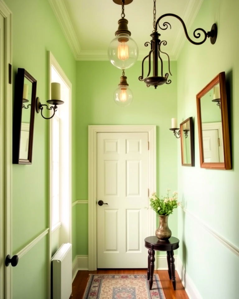 nostalgic vibe soft pistachio green with vintage lighting - 20 Green Hallway Ideas
