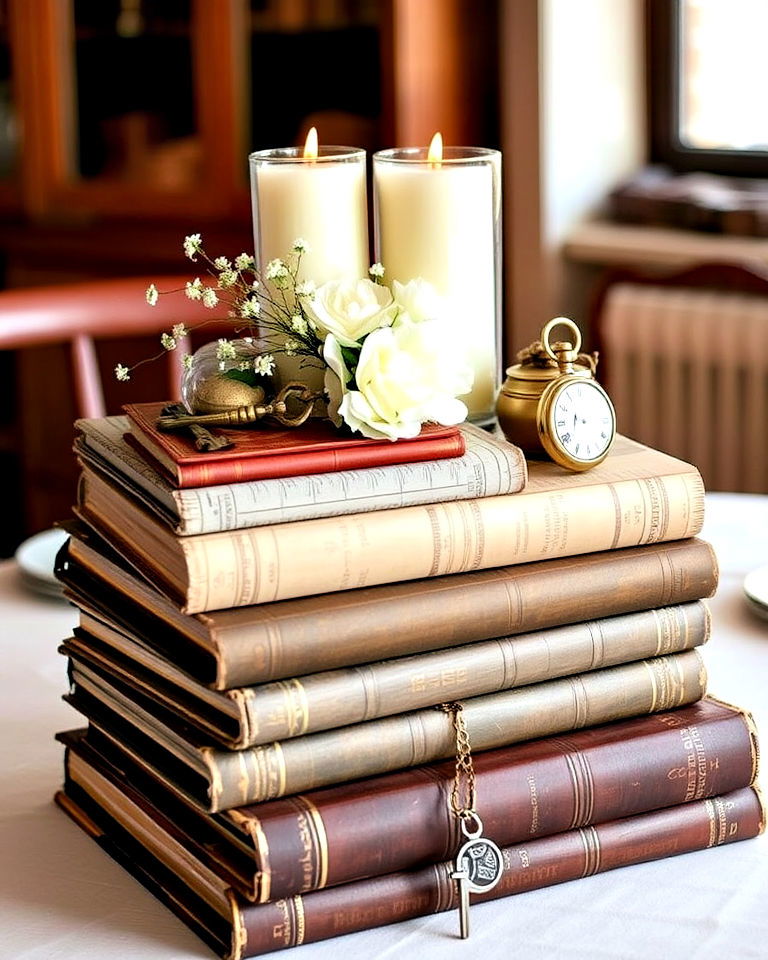 nostalgic vibe vintage books and antiques - 30 Wedding Table Decoration Ideas
