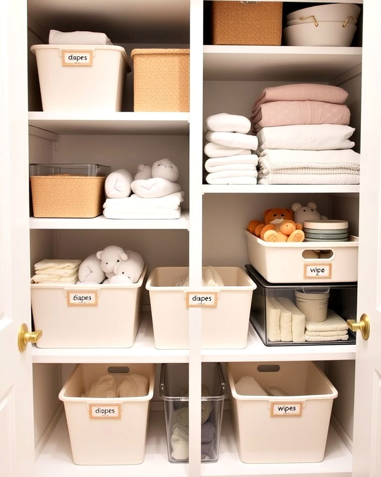 nursery closet with open shelving and bins - 25 Nursery Closet Ideas
