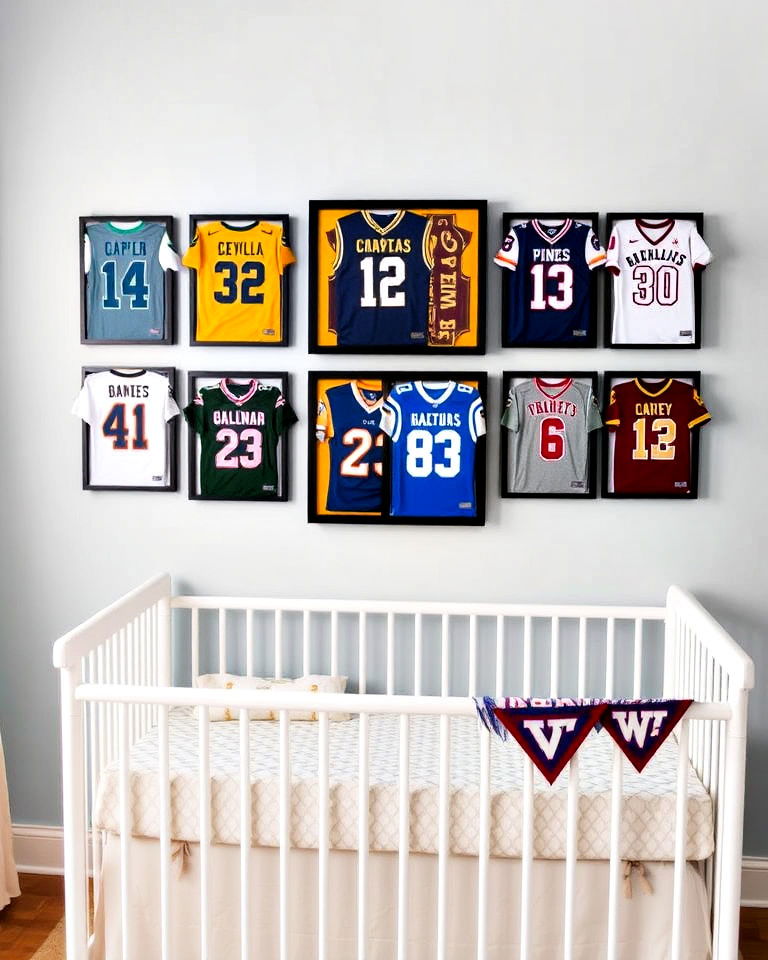 nursery with customized team jerseys - 20 Sports Nursery Ideas