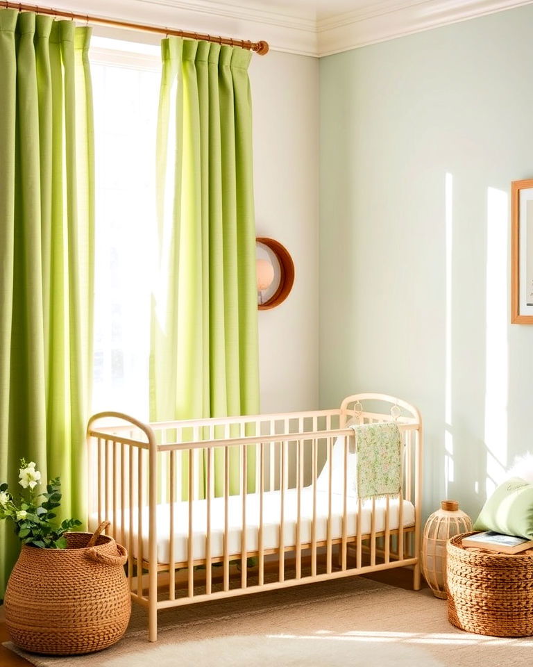 nursery with soft green curtains - 25 Green Nursery Ideas