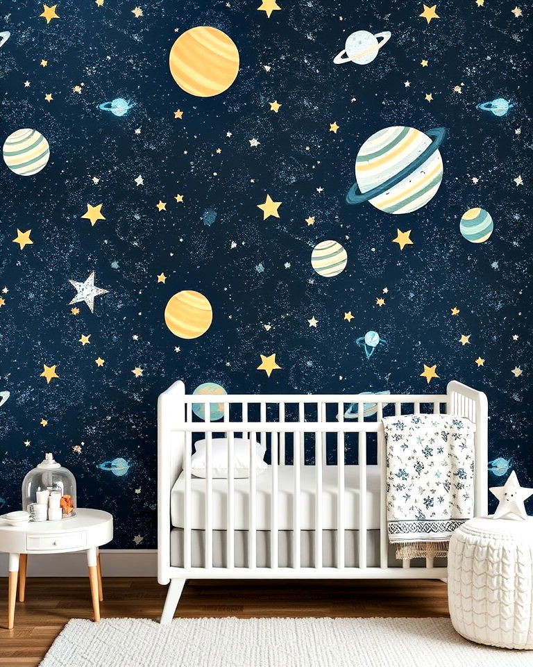 nursery with space themed wallpaper - 20 Space-themed Nursery Ideas