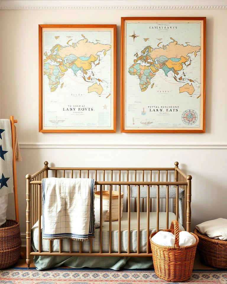 nursery with vintage nautical maps - 25 Nautical Nursery Ideas