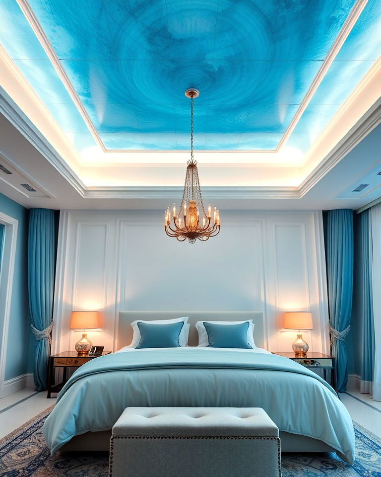 ocean blue ceiling to add personality - 25 Luxury Blue Bedroom Ideas