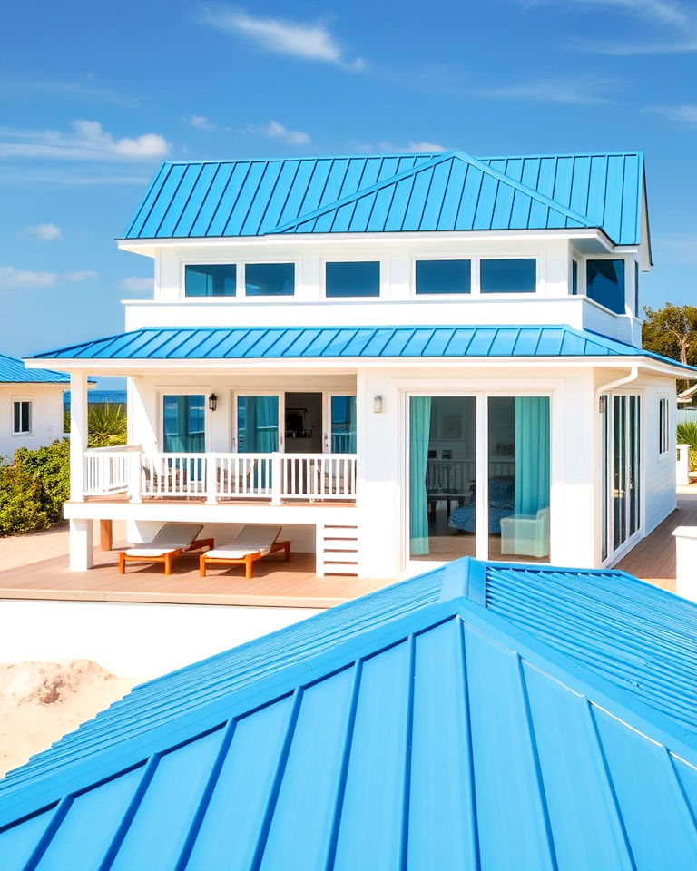 ocean blue metal roof for beachfront villa - 25 Houses With Blue Metal Roofs