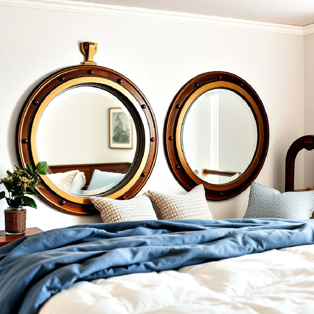 ocean inspired bedroom with porthole style mirrors - 40 Ocean-themed Bedroom Ideas