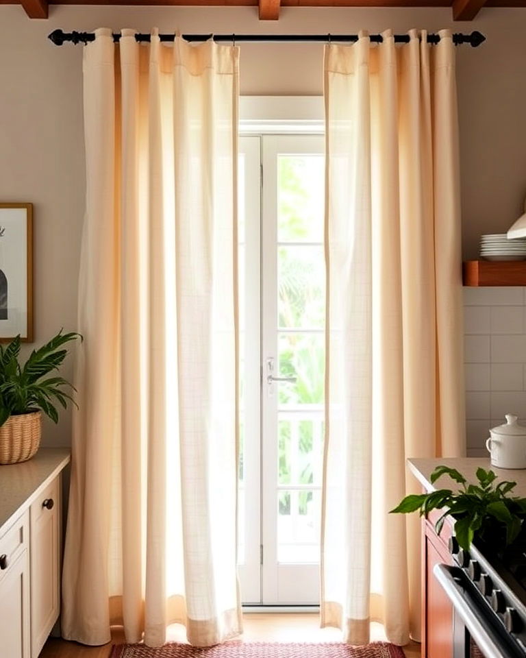 ocean inspired light and airy curtains - 20 Tropical Kitchen Ideas