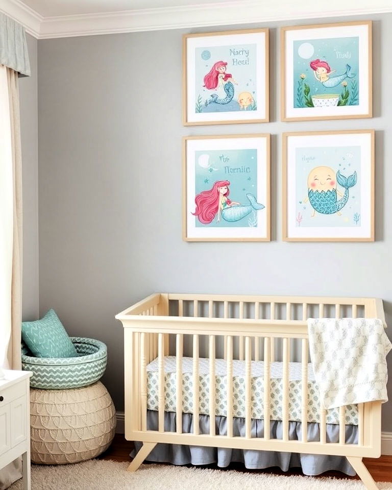 ocean themed nursery with mermaid themed art prints - 20 Ocean-themed Nursery Ideas